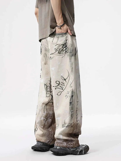 Men's Graffiti Print Wide Leg Jeans