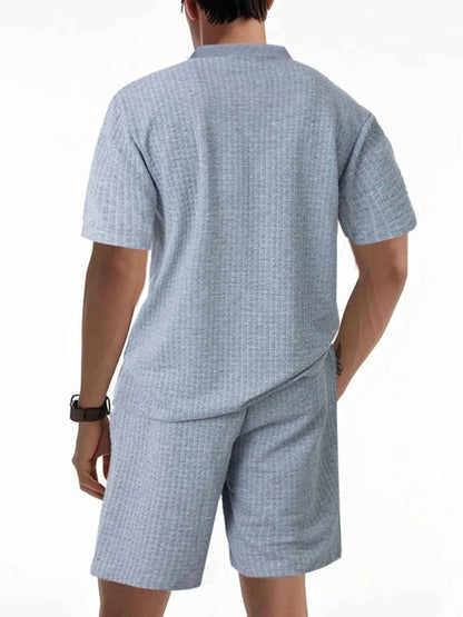 Men's Full Size Textured Round Neck Top and Shorts Set Plus SIze