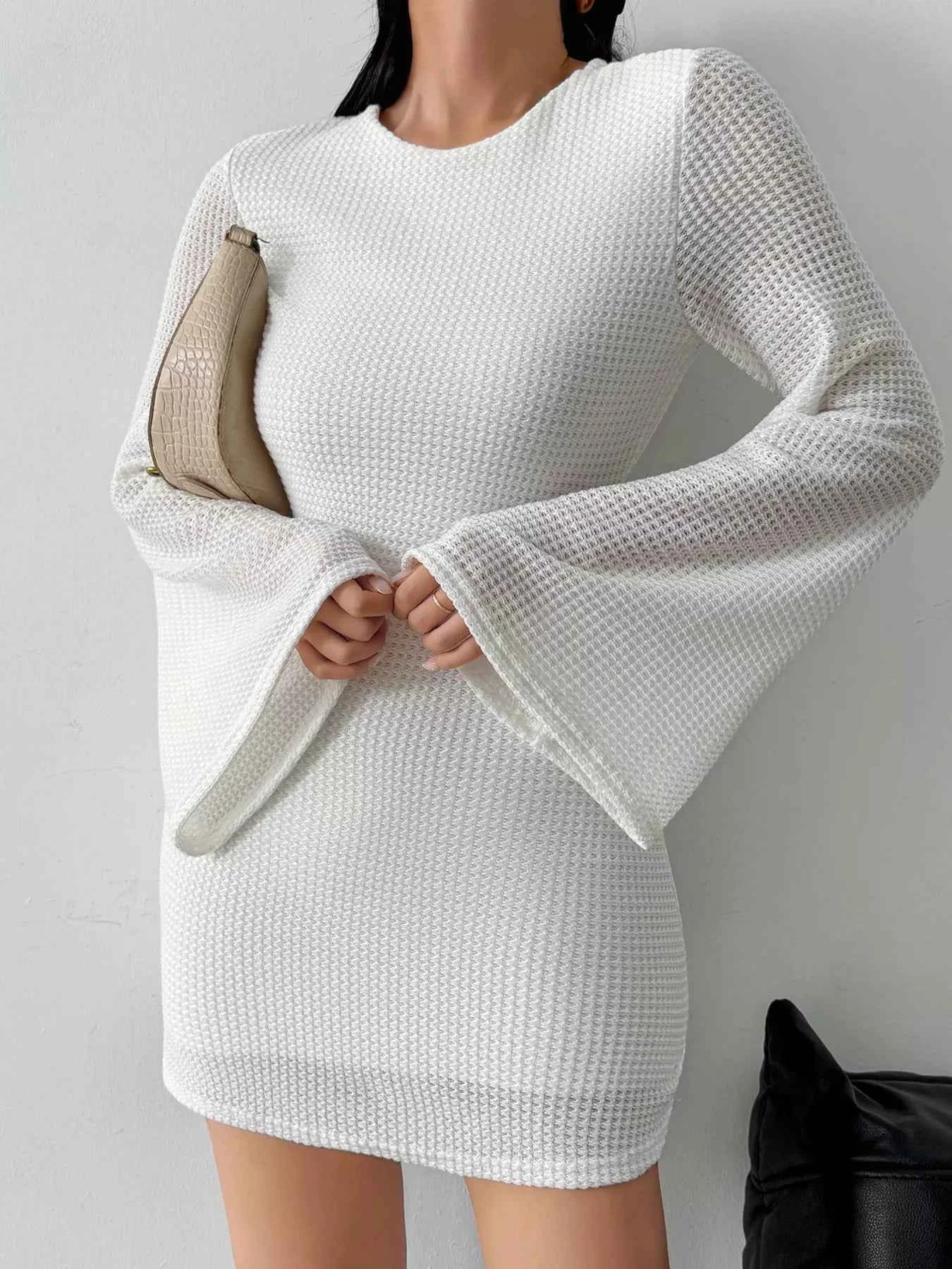 Backless Waffle Knit Flare Sleeve Mini Dress