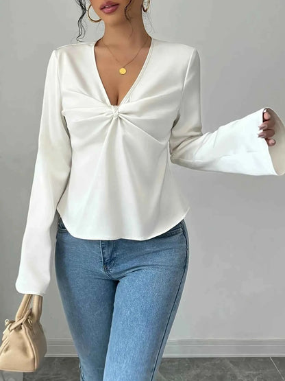 V-Neck Twist Front Long Sleeve Blouse