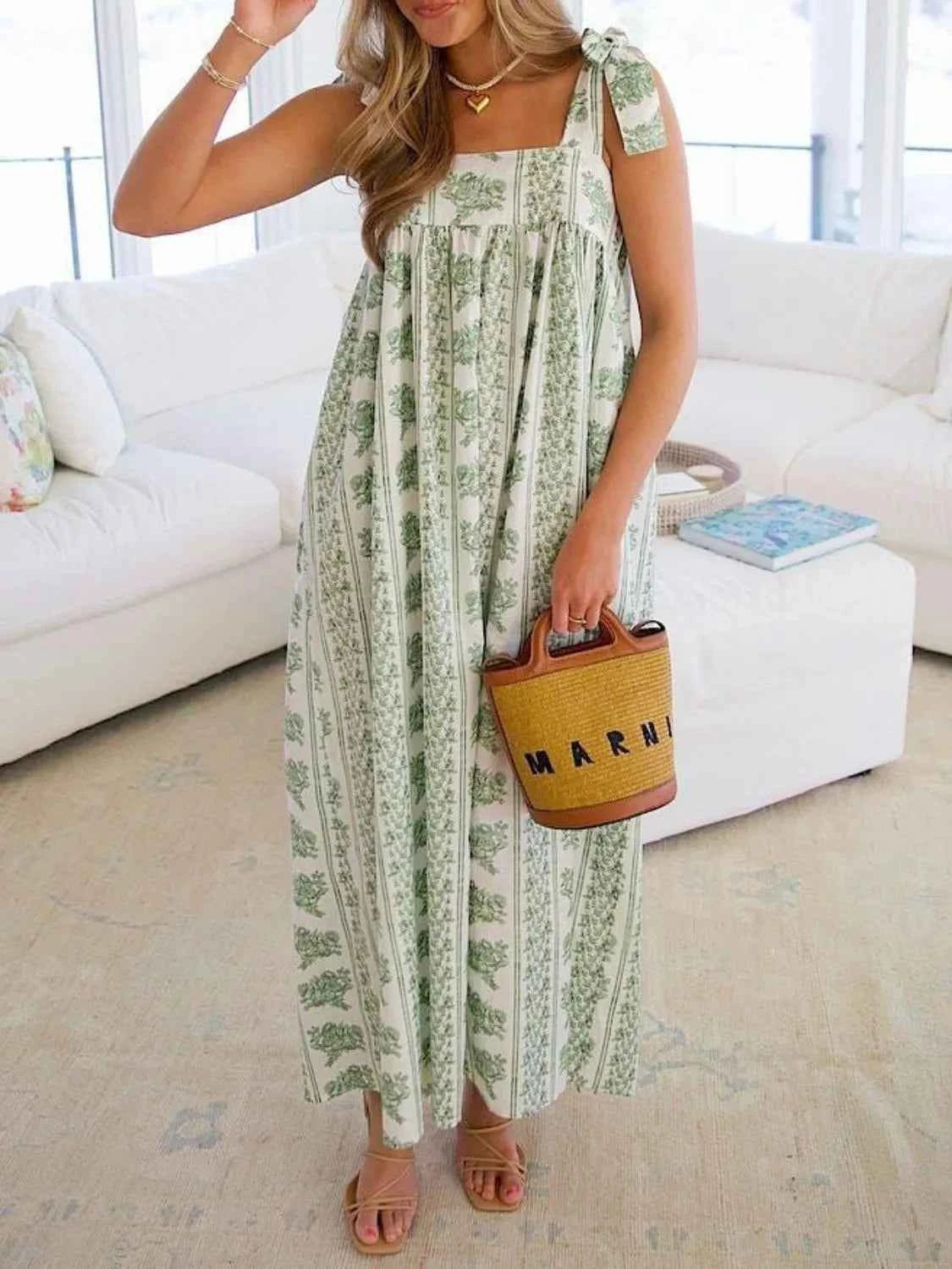 Printed Tie Shoulder Square Neck Midi Dress