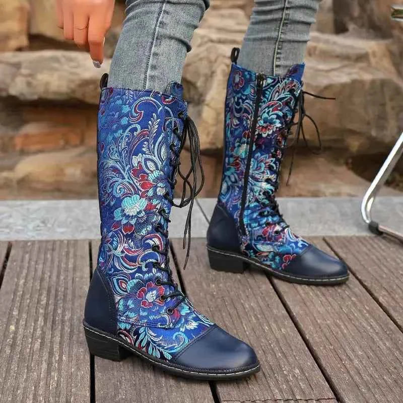 Embroidered Lace-Up Knee High Boots