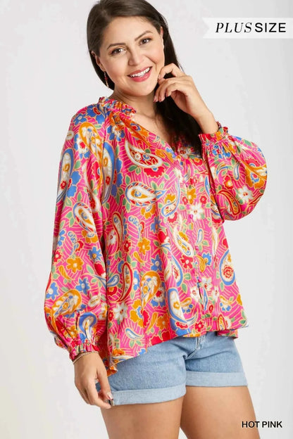 Umgee Full Size Satin Paisley Ruffle Neck Button-Up Shirt Plus Size