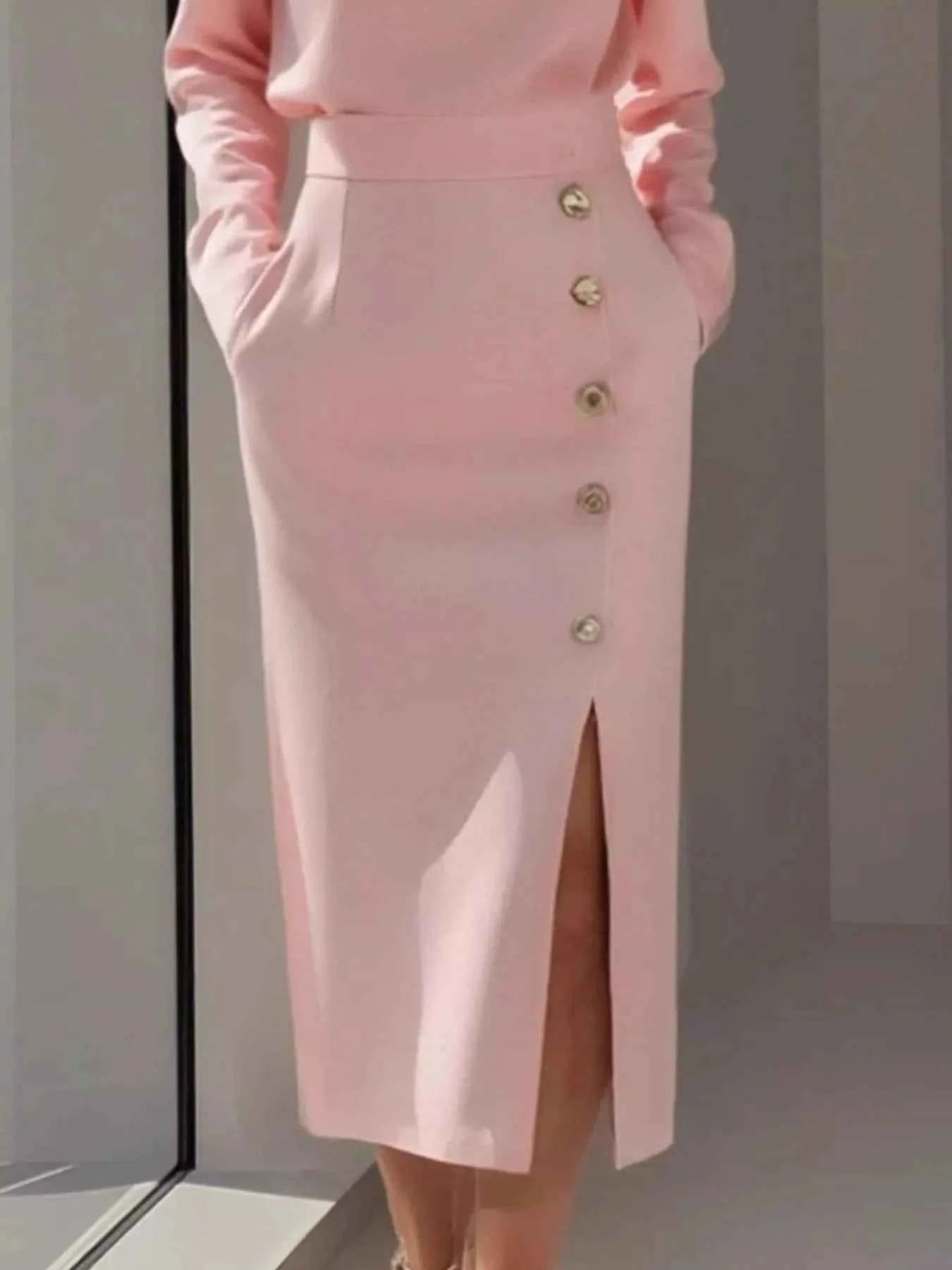 Long Sleeve Button Detail Midi Dress with Side Slit