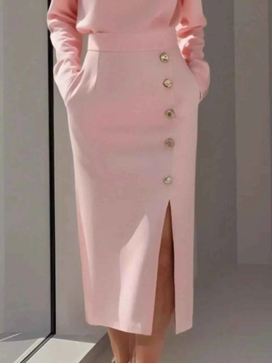 Long Sleeve Button Detail Midi Dress with Side Slit