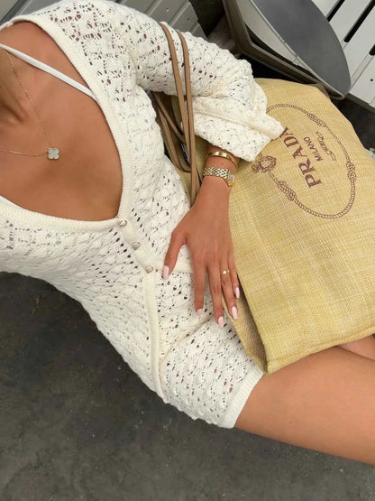 Button Up Crochet Cardigan and Skirt Sweater Set