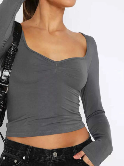 Long Sleeve Sweetheart Neck Crop T-Shirt