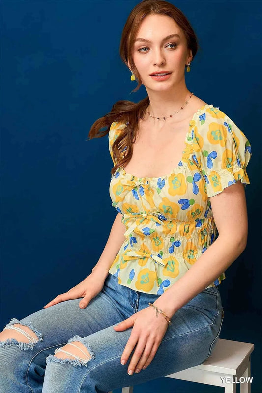Umgee Floral Smocked Peplum Blouse