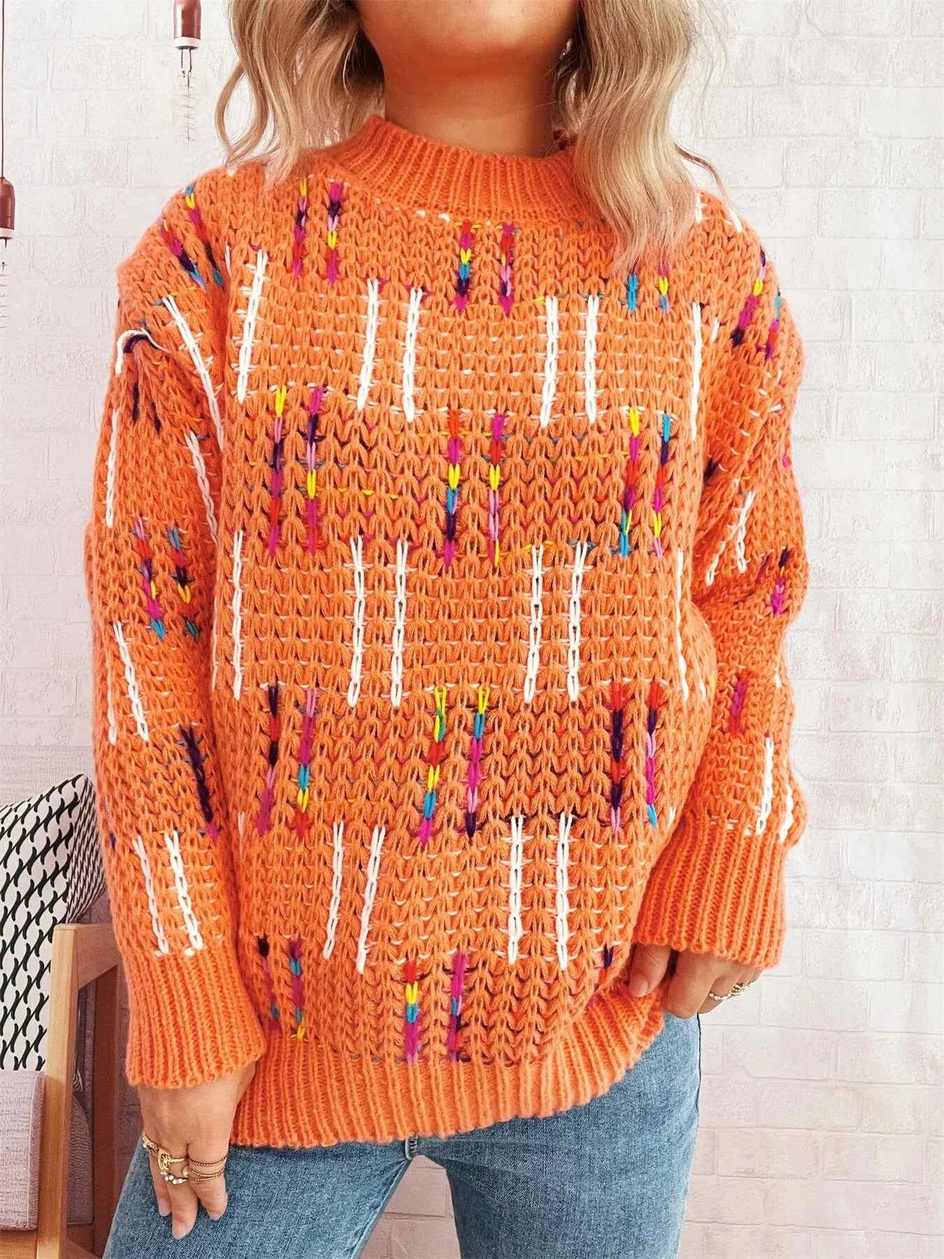 Colorful Round Neck Long Sleeve Sweater