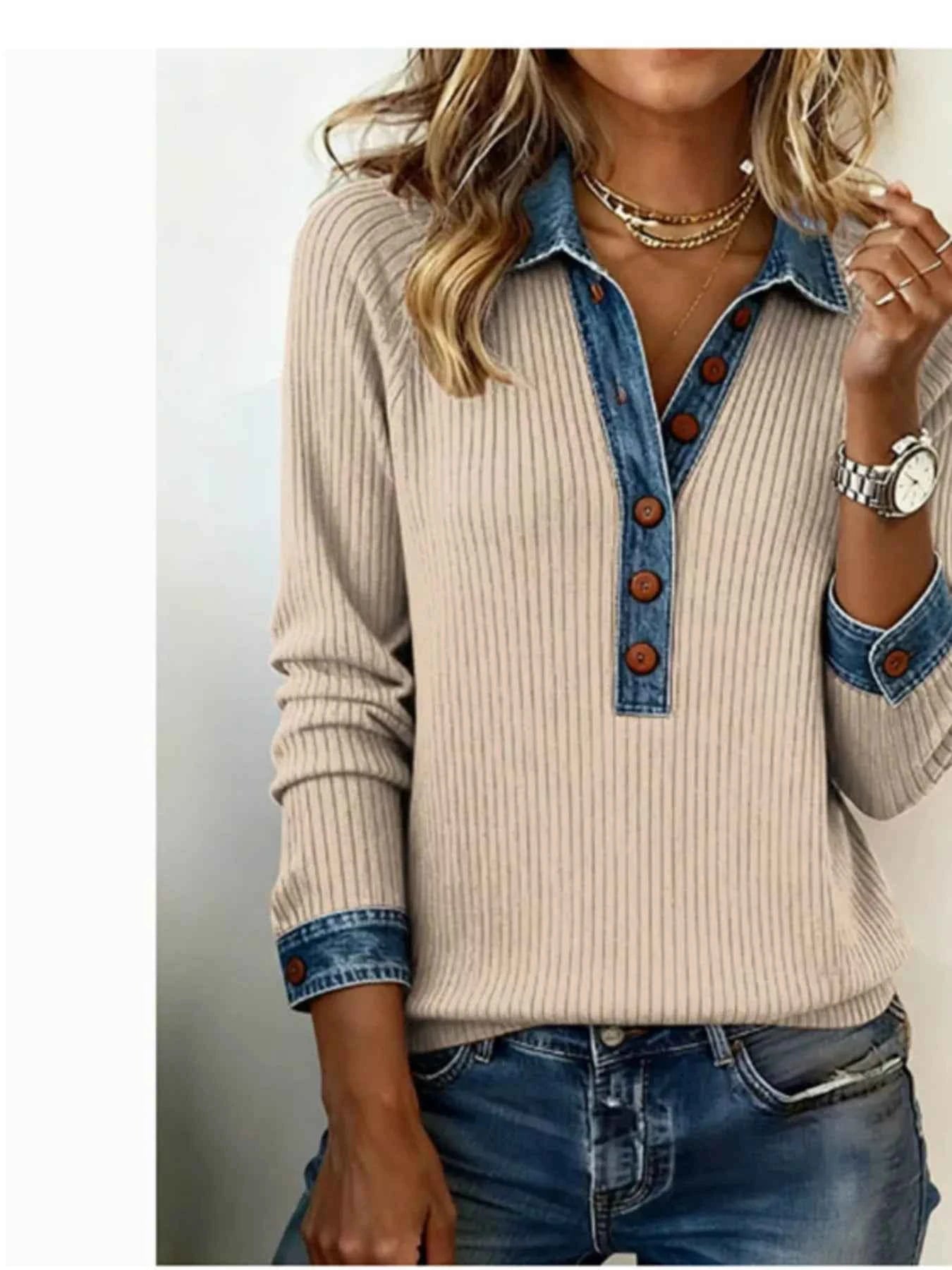 Full Size Denim Trim Button Front Ribbed Knit Top Plus Size