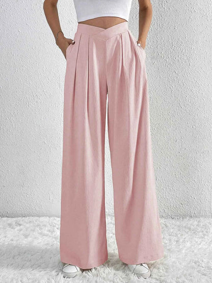 V-Waisted Ruched Front Wide Leg Pants