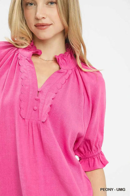 Umgee Linen Scalloped Ruffle Neck Blouse