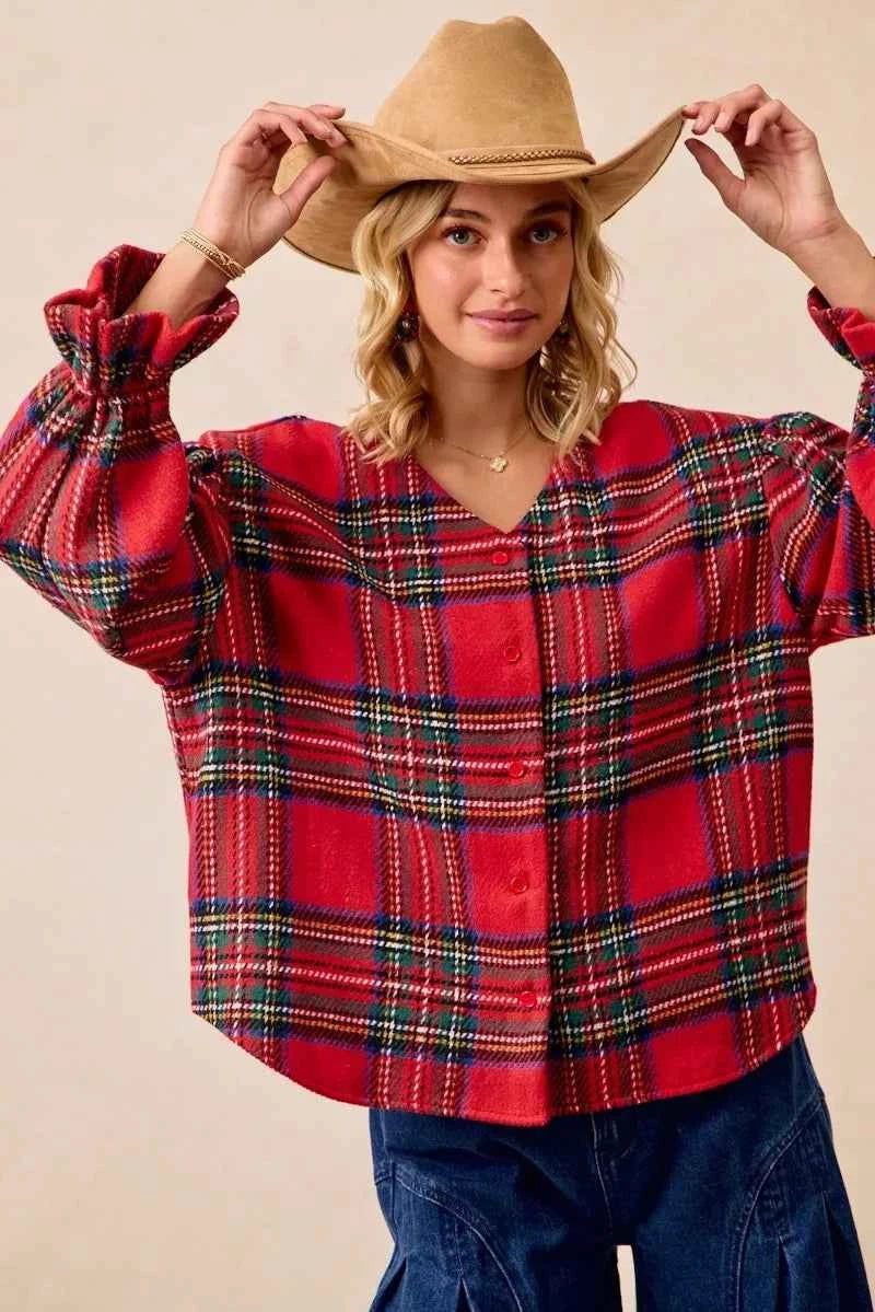 BiBi Christmas Plaid V-Neck Flounce Sleeve Jacket