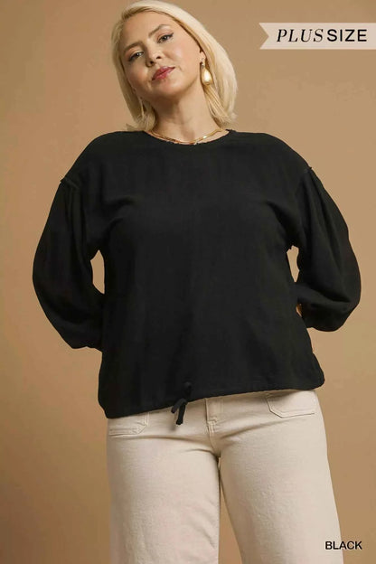 Umgee Full Size Linen Long Sleeve Top with Drawstring Plus Size