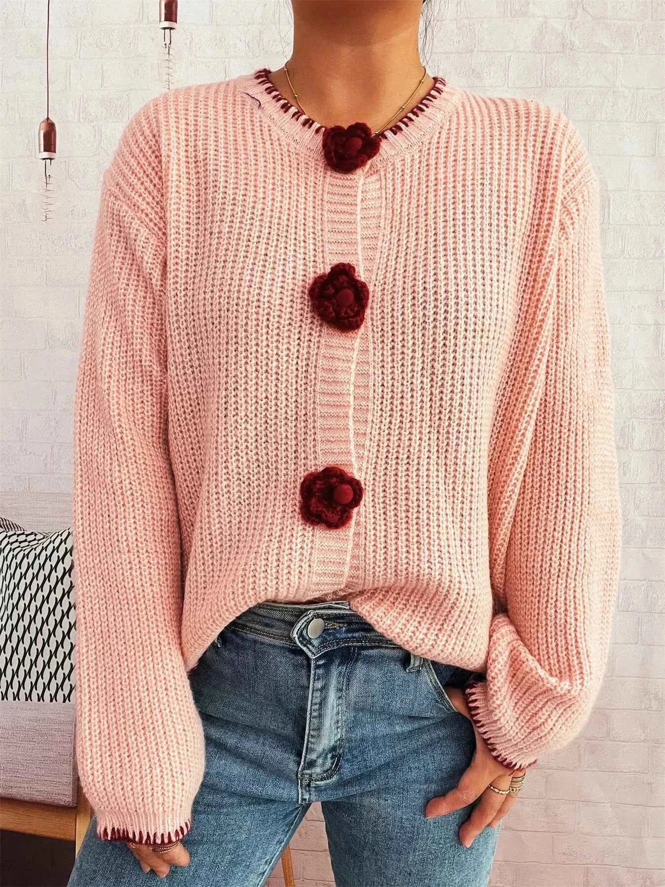 Flower Button Long Sleeve Cardigan