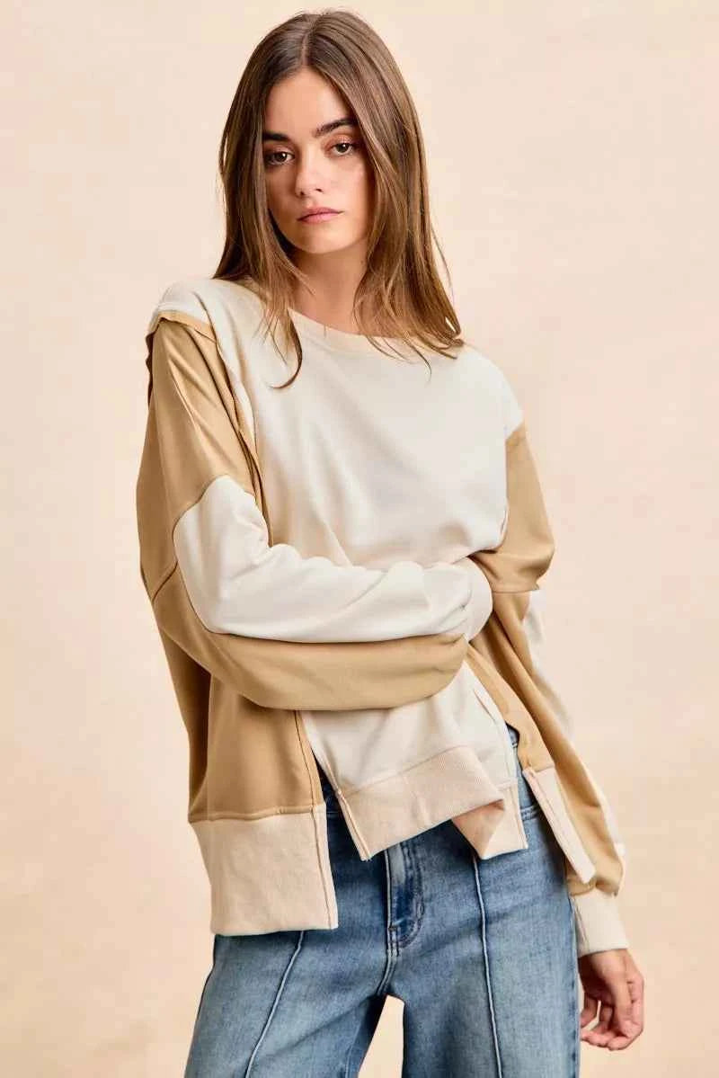 BiBi French Terry Color Block Top With Open Seam Detail