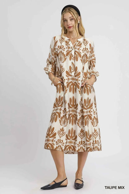 Umgee Mix Abstract Floral Print Midi Dress