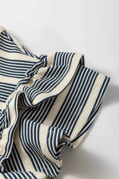 Stripe Ruffled Short Sleeve Contrast Trim Button Notched Neck Midi Dress