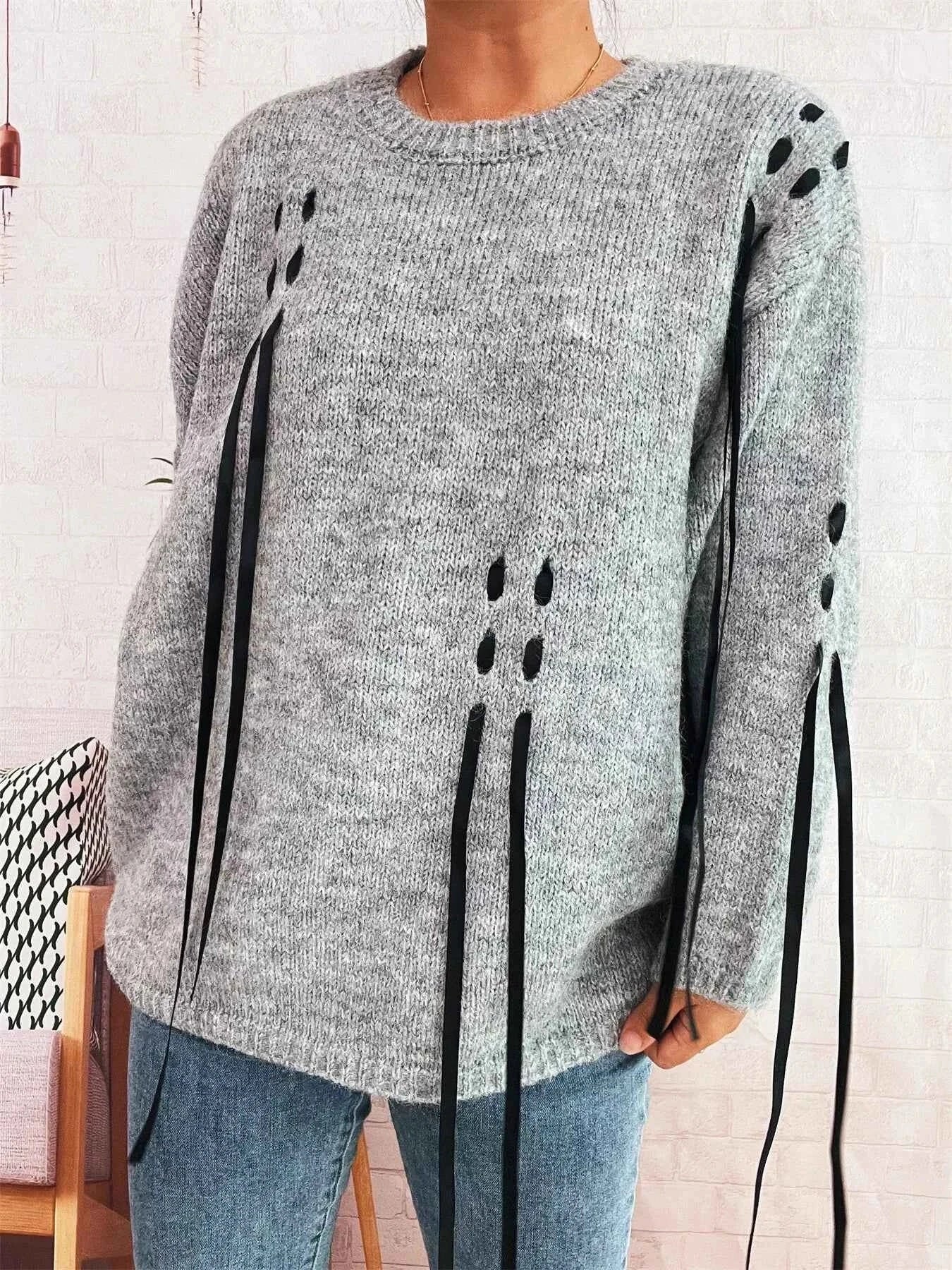 Round Neck Long Sleeve Sweater with Ribbon Details
