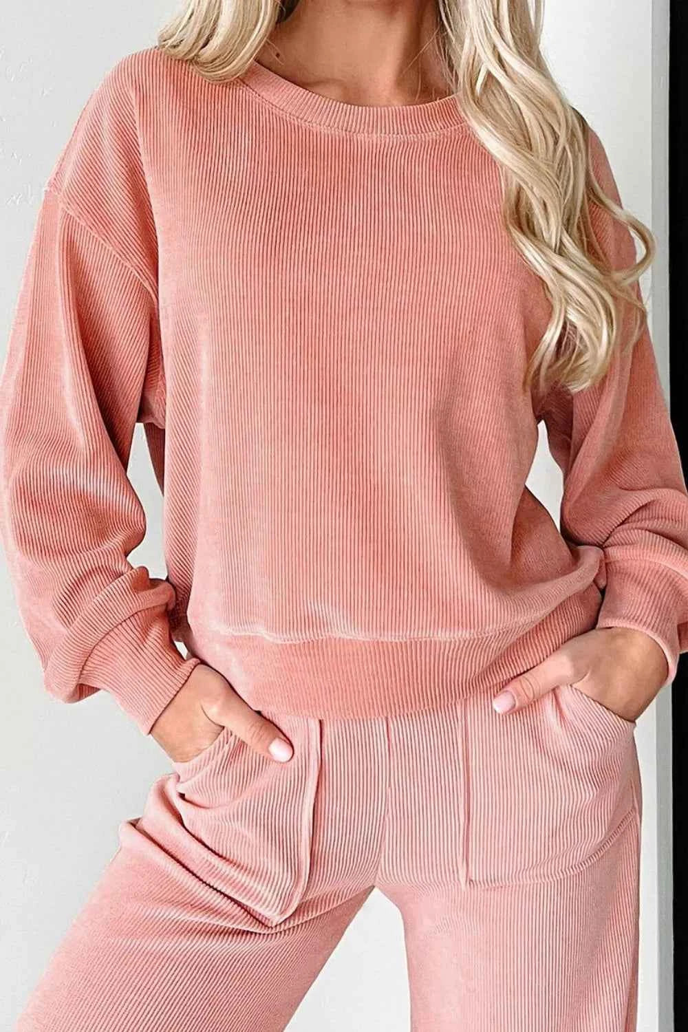 Ribbed Round Neck Top and Pants Set