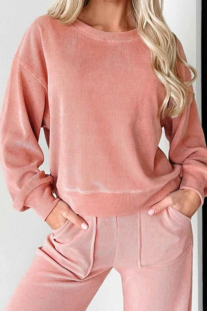 Ribbed Round Neck Top and Pants Set