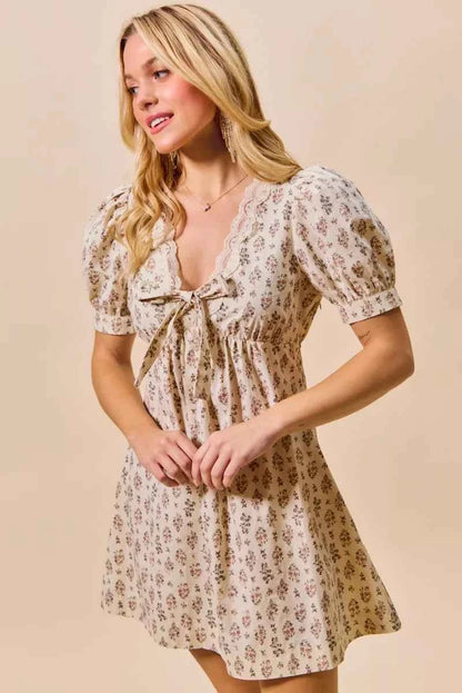 SO ME Floral Print Lace Trim Short Sleeves Mini Dress