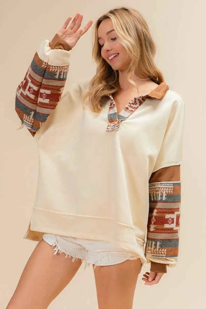 BiBi French Terry Knit and Aztec Print Mixed Top