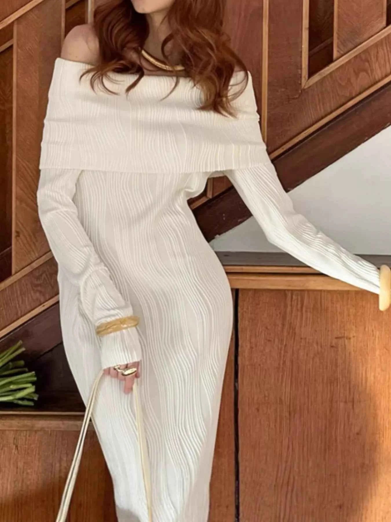 Off-Shoulder Textured Knit Maxi Dress