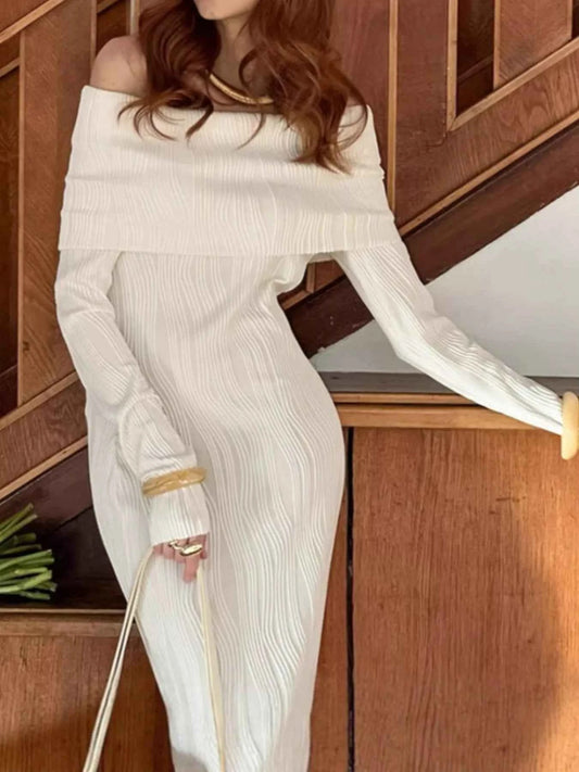 Off-Shoulder Textured Knit Maxi Dress