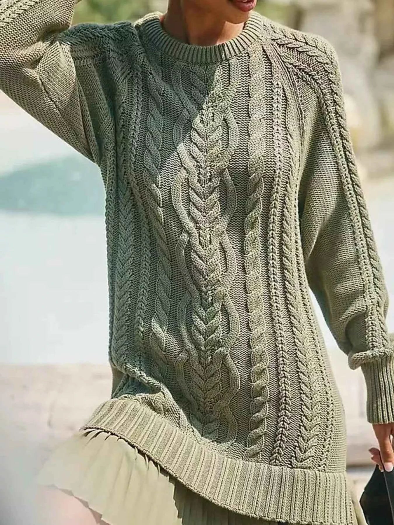 Full Size Cable Knit Pleated Hem Sweater Dress Plus Size