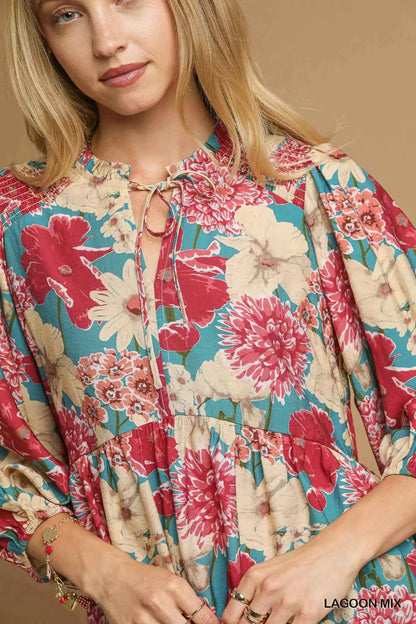 Umgee Mix Floral Peplum Blouse with Tie Neck