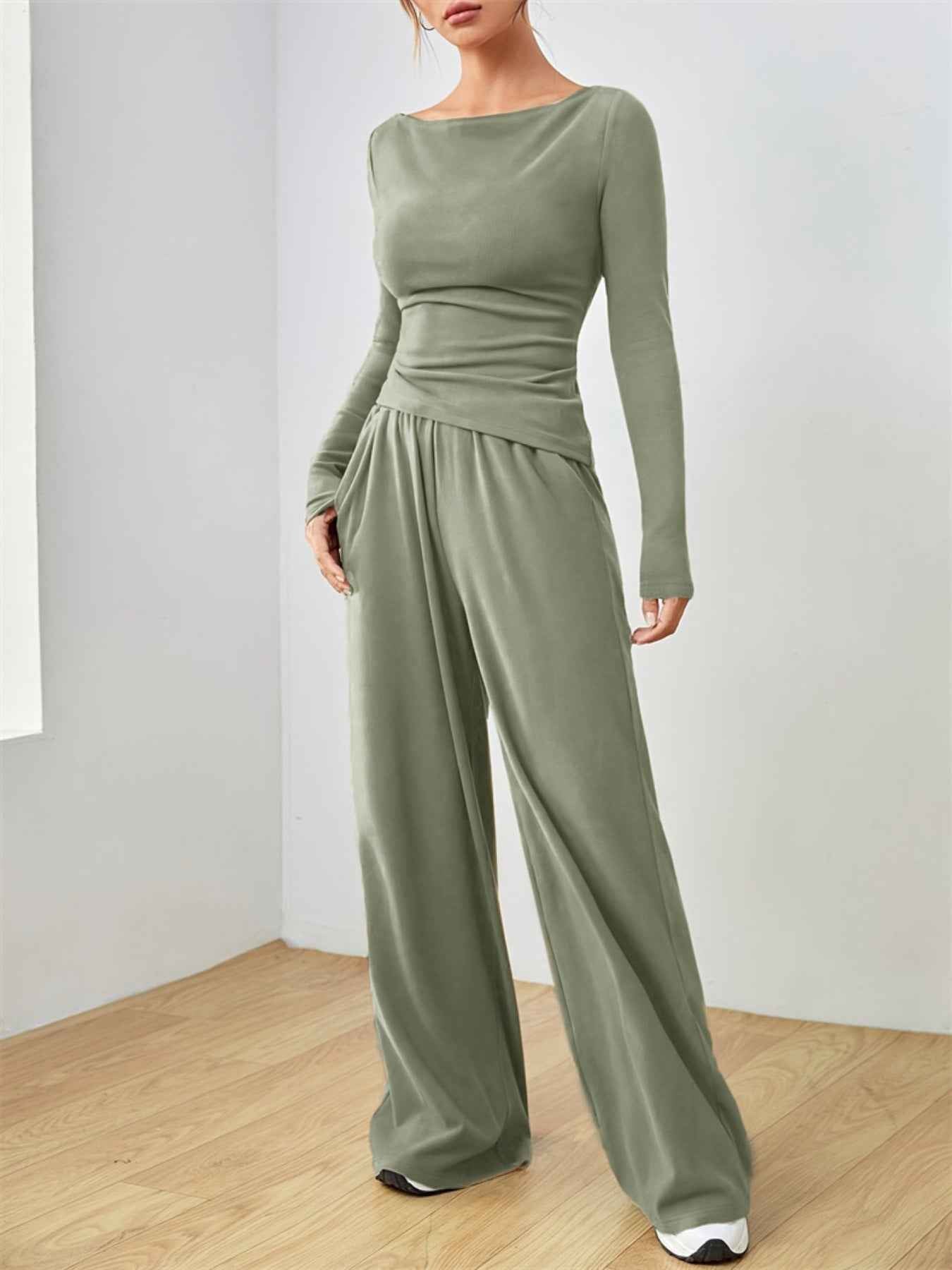 Casual Long Sleeve Top & Wide Leg Pants Set