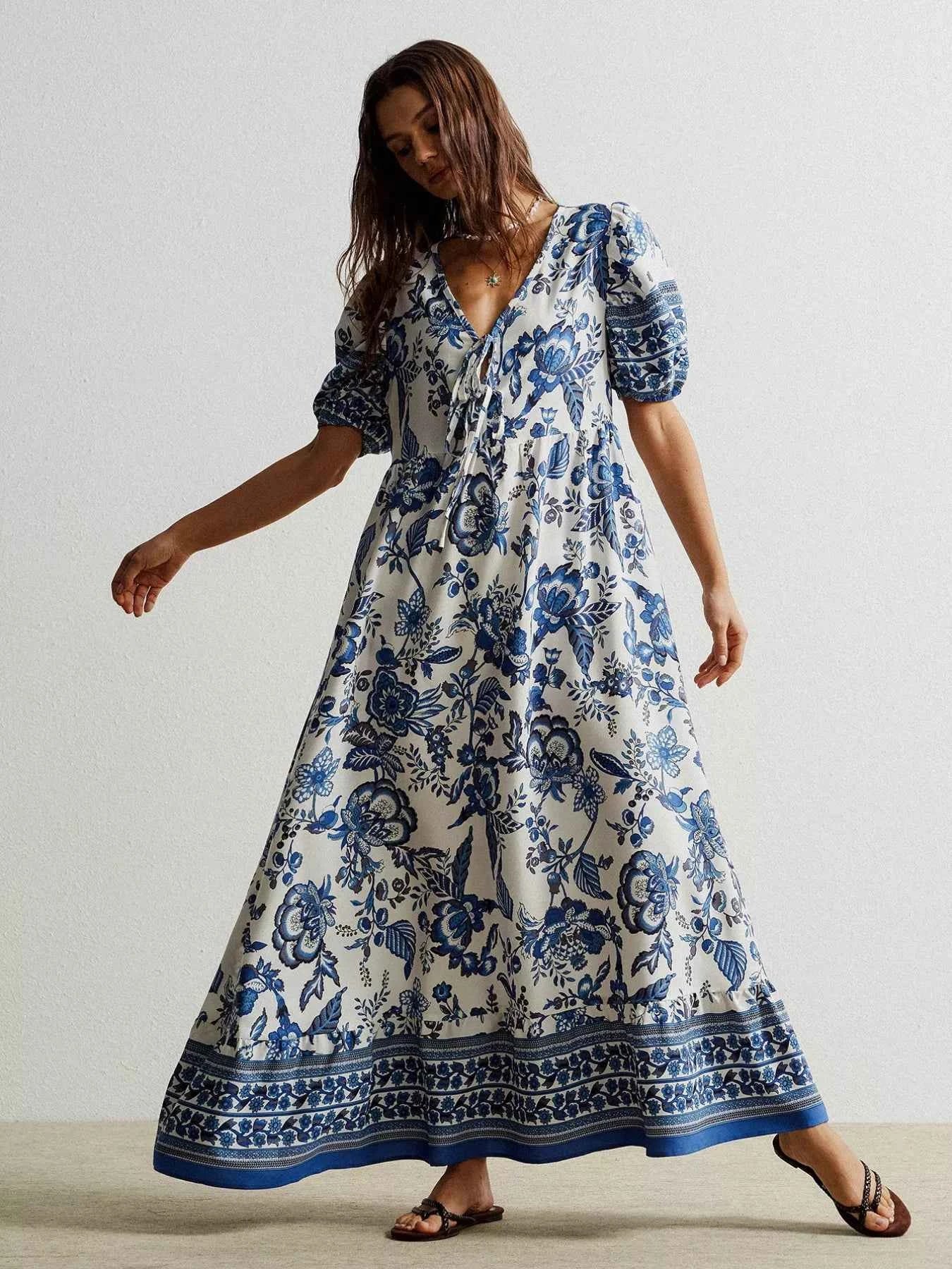 Floral Print Tie-Neck Puff Sleeve Maxi Dress