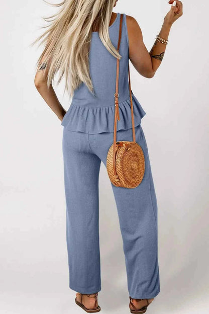 Color Ribbed Ruffle Tank Top and Pants Set