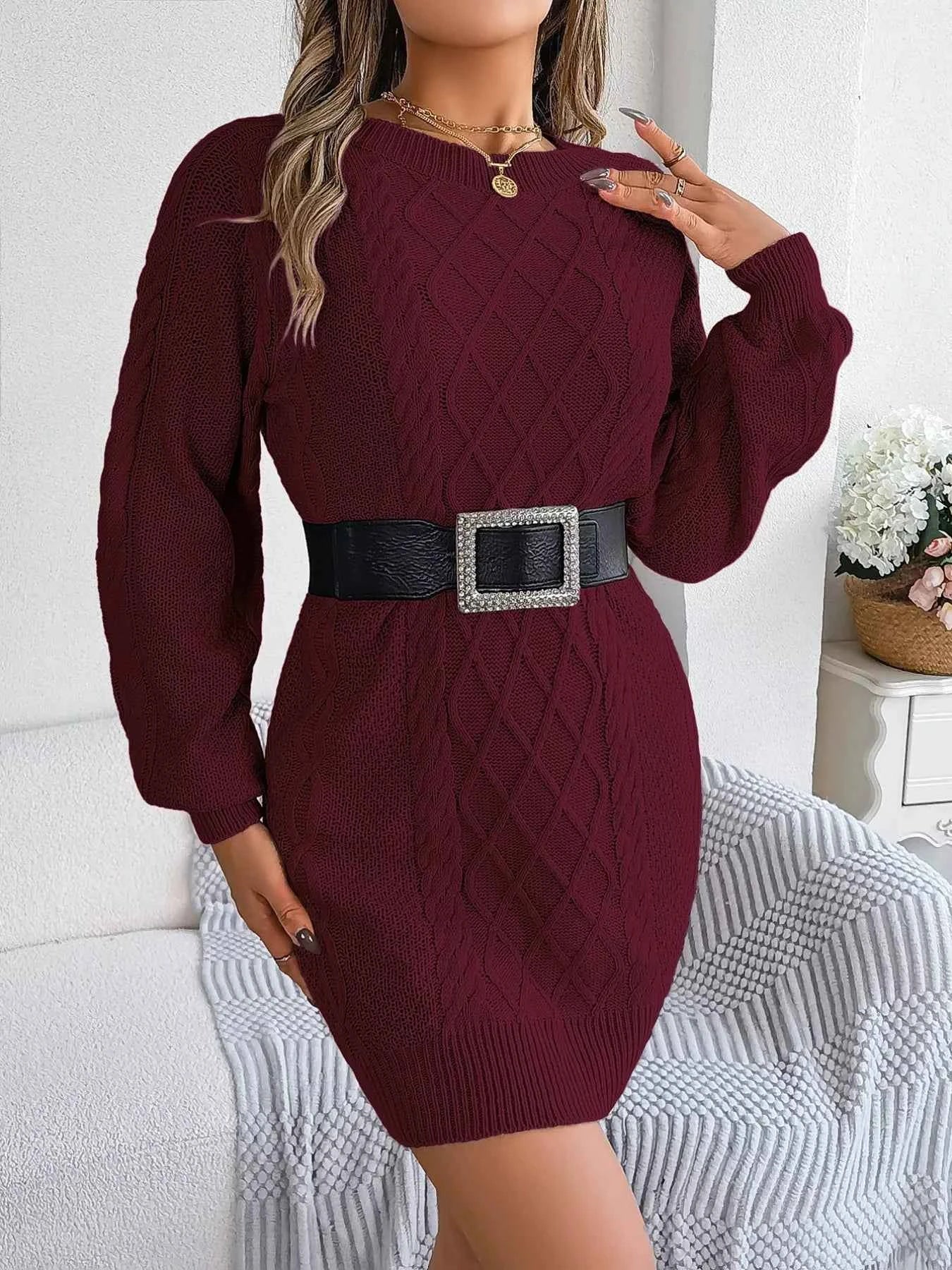 Diamond Cable Knit Sweater Dress with Long Sleeves