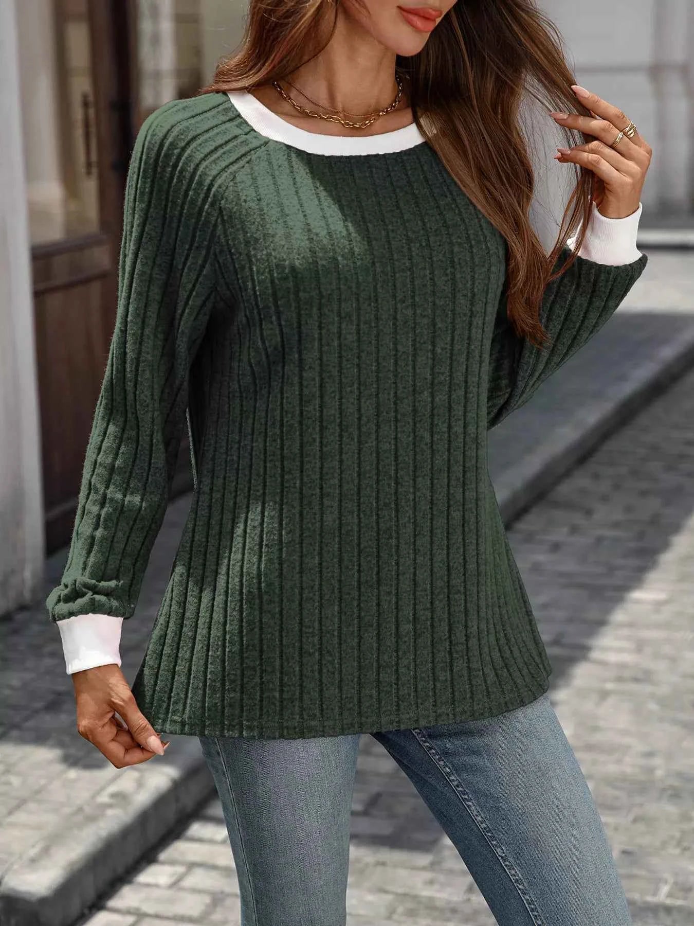 Ribbed Round Neck Raglan Sleeve Knit Top