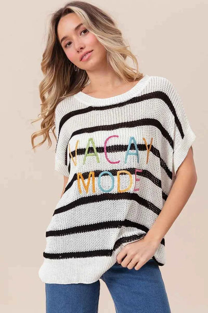 BiBi Vacay Mode Lettering Drop Shoulder Striped Sweater