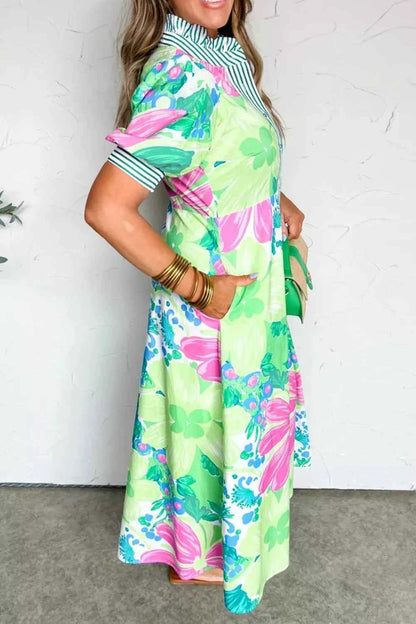 Floral Print Button-Up Midi Dress with Puff Sleeves