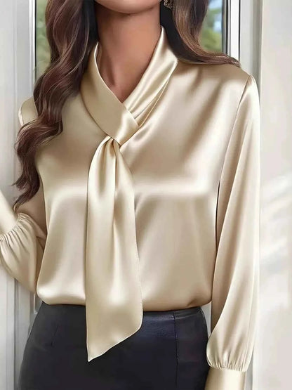Satin Tie-Neck Long Sleeve Blouse