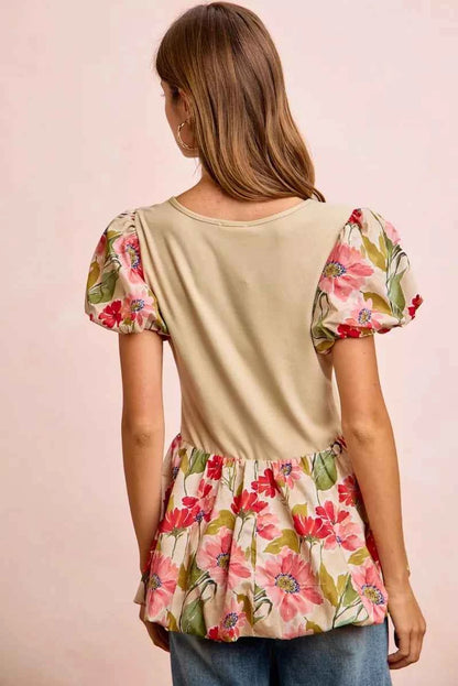 BiBi Floral Printed Bubble Sleeves and Hem Peplum Top