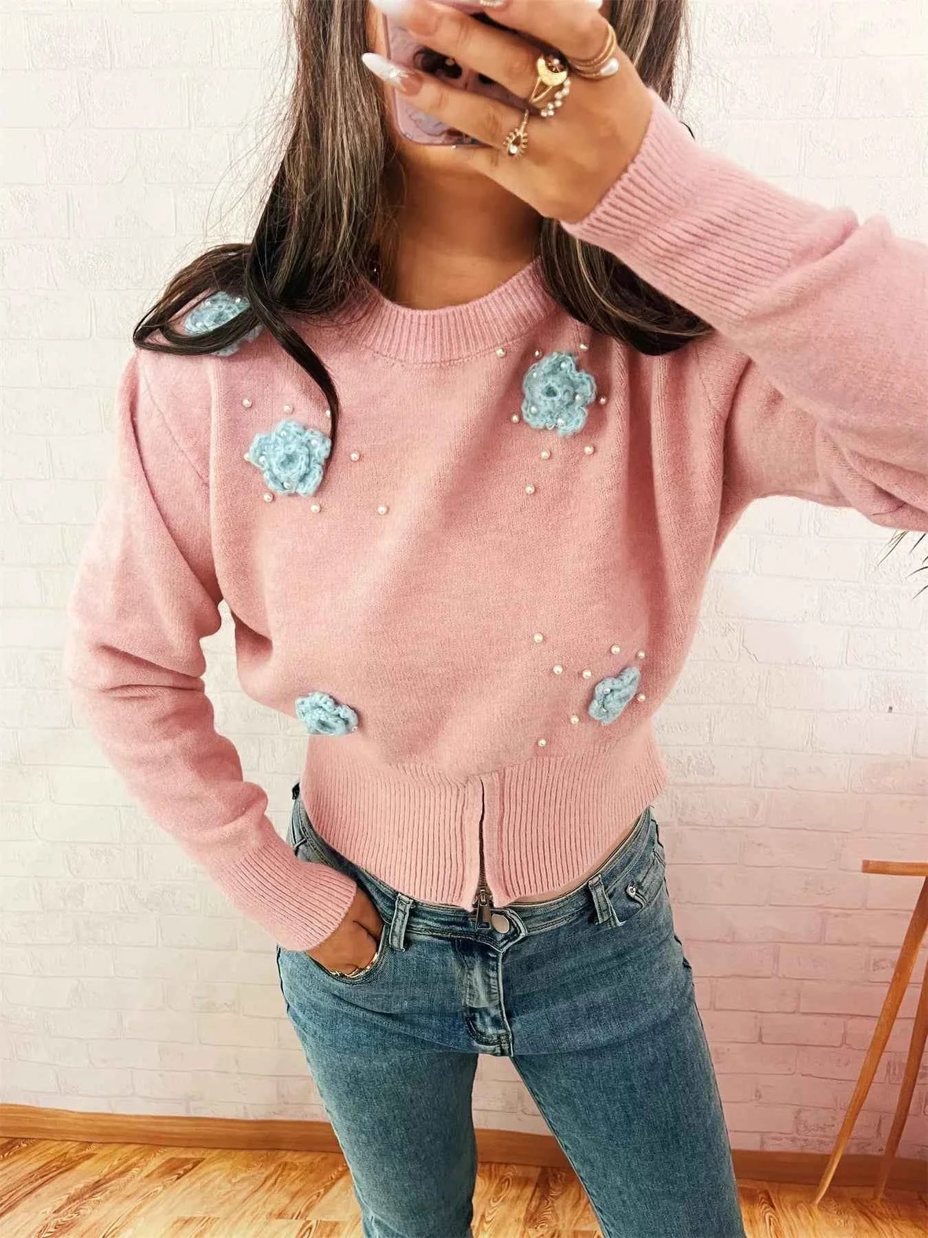 Flower Pearl Detail Ribbed Hem Sweater
