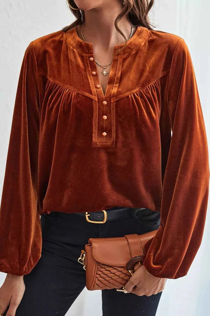 Velvet Button-Front Long Sleeve Blouse