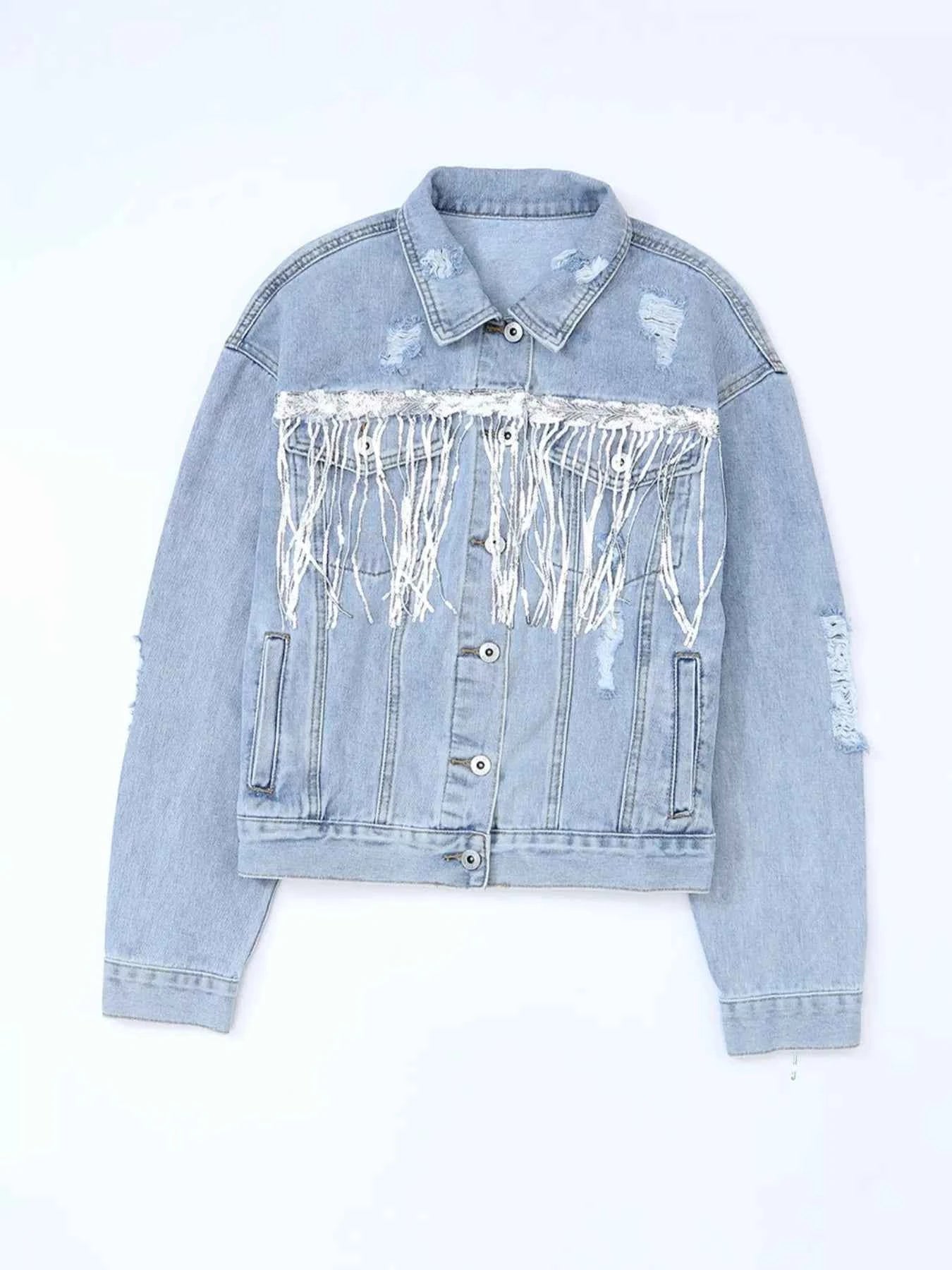 Fringed Sequin Embellished Denim Jacket
