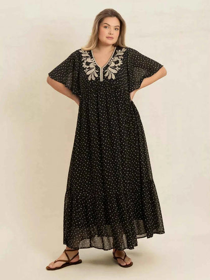 Plus Size Printed V-Neck Flutter Sleeve Maxi Dress