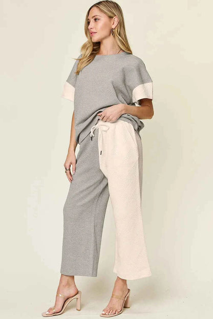Double Take Full Size Texture Contrast T-Shirt and Wide Leg Pants Set