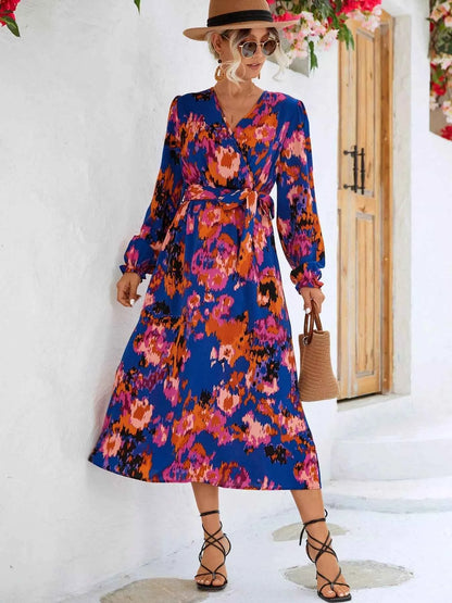 Printed Surplice Long Sleeve Midi Dress