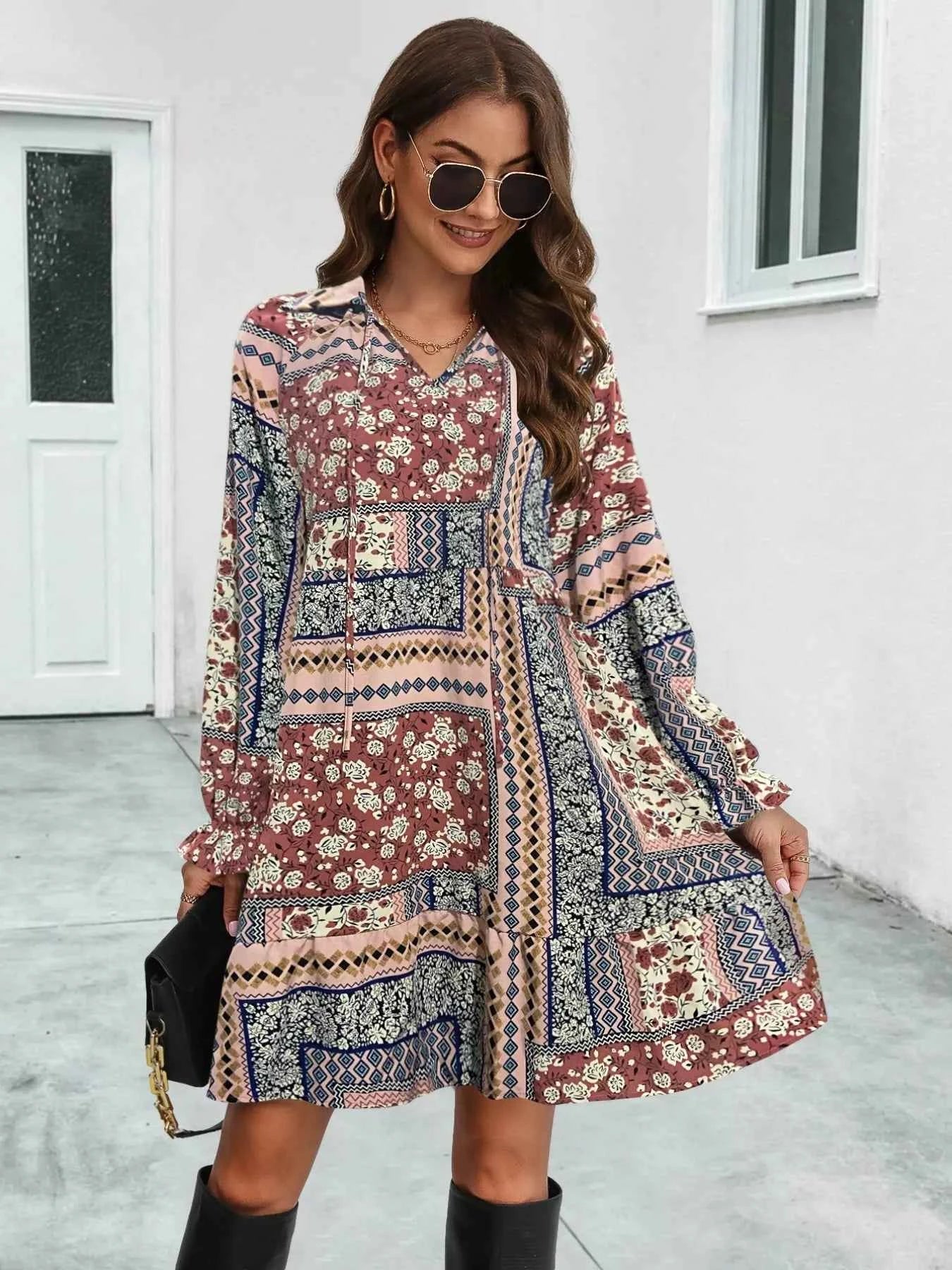 Boho Floral Print Long Sleeve Mini Dress