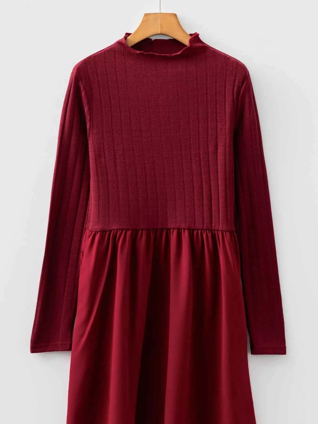 Frilled Neck Ribbed Knit Patchwork Long Sleeve Mini Dress