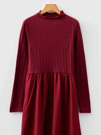 Frilled Neck Ribbed Knit Patchwork Long Sleeve Mini Dress