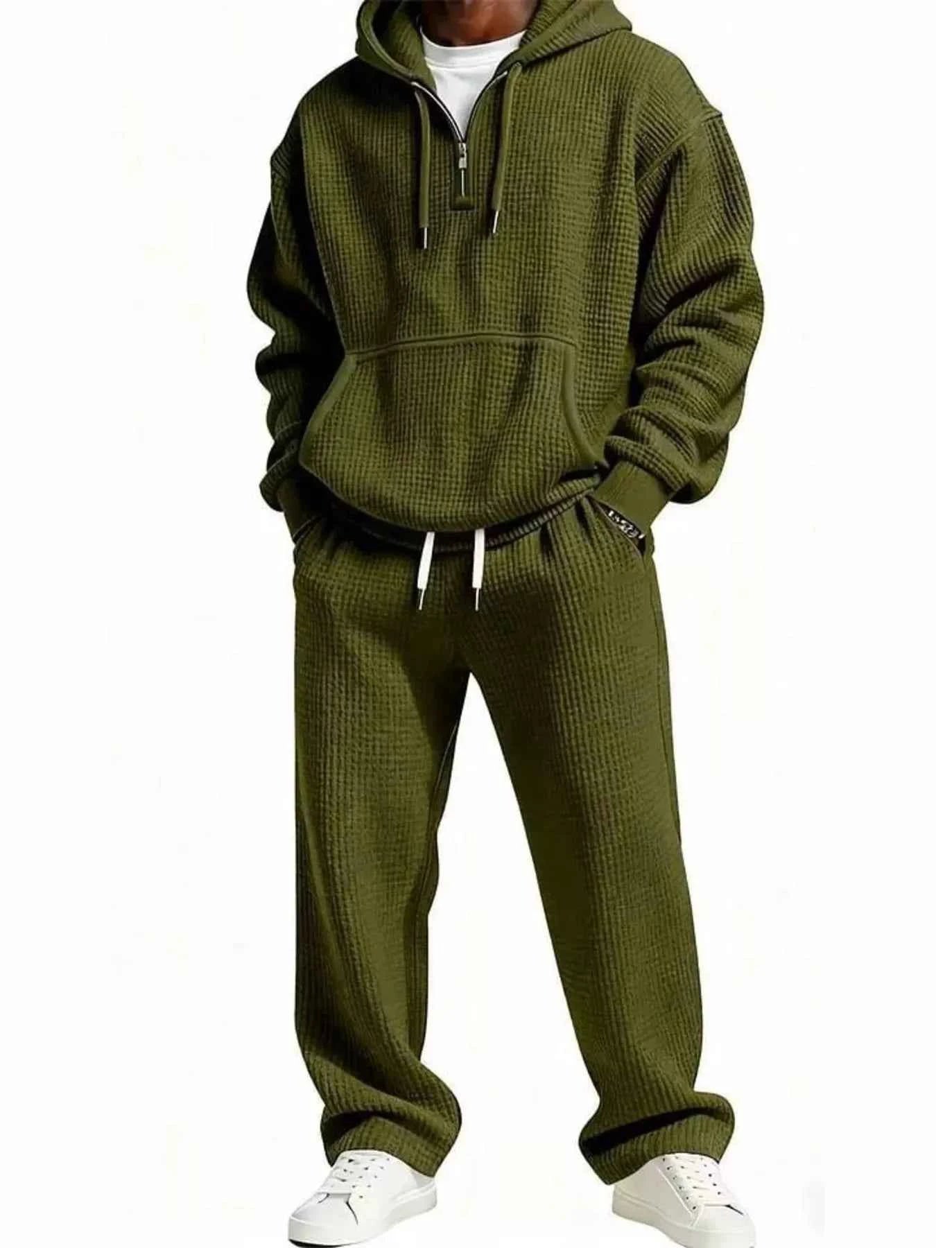 Men's Full Size Casual Waffle Knit Hoodie and Pants Set Plus Size